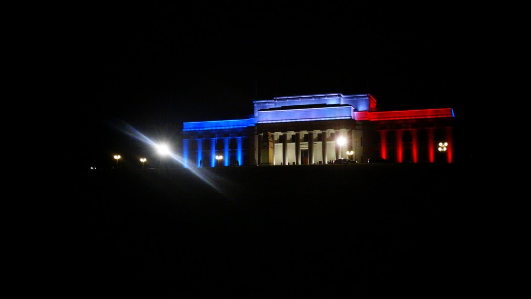 Auckland's War Memorial Museum lit up in the colours of the French flag last night to show solidarity with Paris.