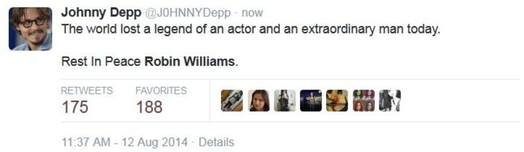 Johnny Depp pays tribute to Robin Williams on Twitter.