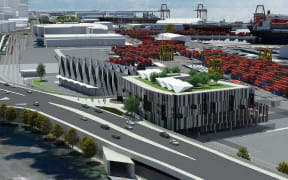 A new headquarters for Ports of Auckland, right, separated by a public plaza from it's proposed engineering workshop.