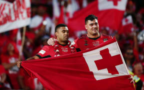 Andrew Fifita, (right) and Michael Jennings get emotional while representing Tonga at the 2017 Rugby League World Cup