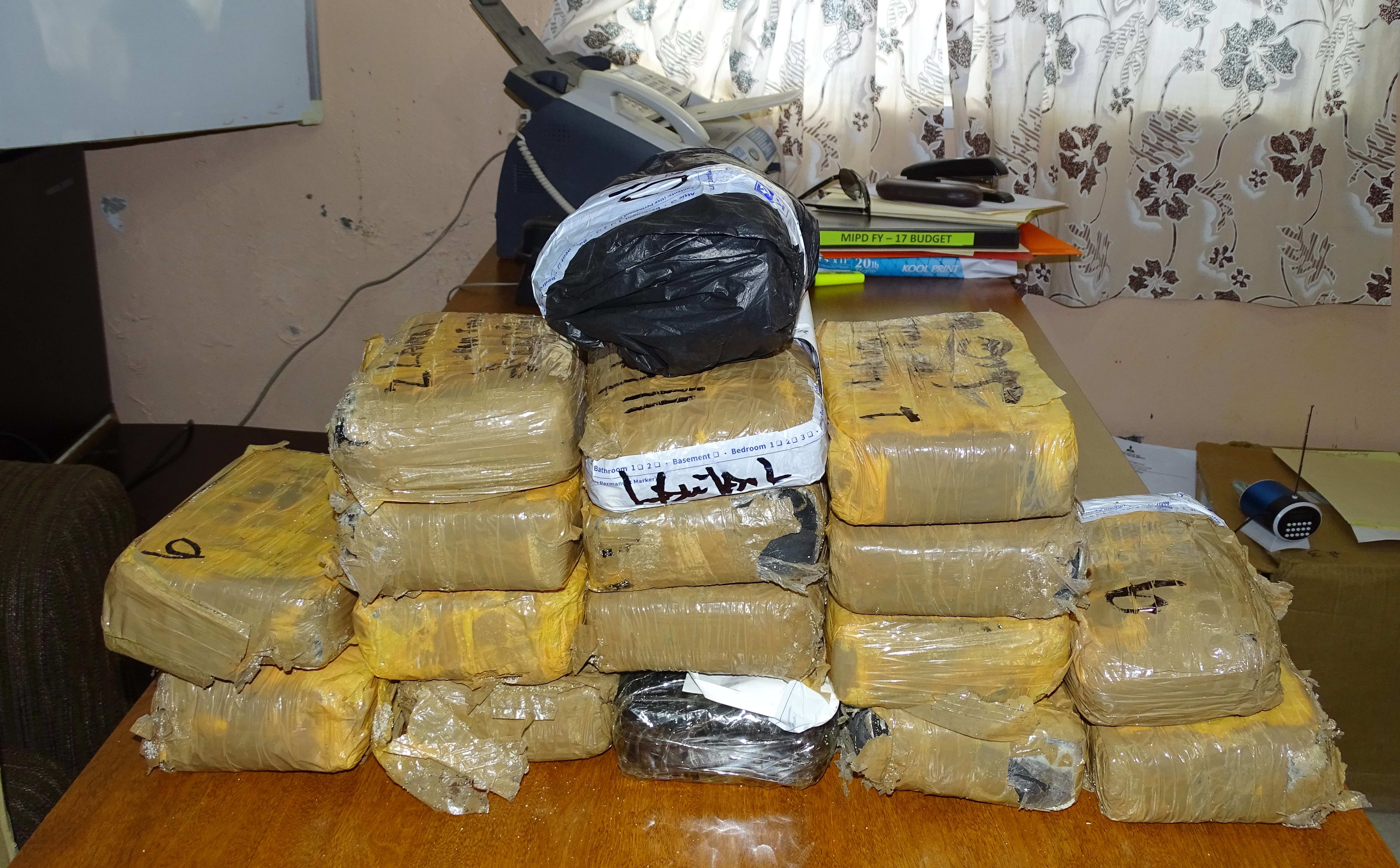 This file photo shows a cache of cocaine that washed into Enewetak Atoll in the Marshall Islands in 2016 and was turned over to law enforcement authorities.