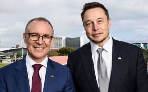 South Australian Premier Jay Weatherill  and Tesla Motors chief executive Elon Musk at the announcement, to build the world's largest battery, in Adelaide.