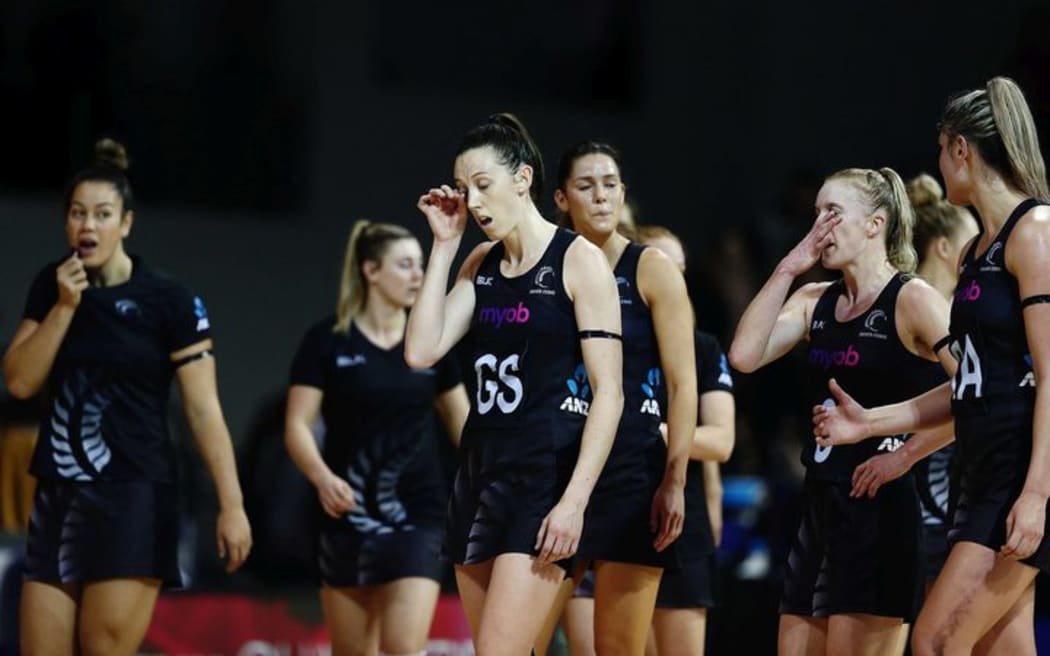 Bailey Mes of New Zealand reacts after defeat at the hands of England's Roses.