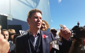 John Campbell at a rally which aimed to save his show outside the MediaWorks building in Auckland.