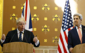 British Foreign Secretary Boris Johnson, left, and US Secretary of State John Kerry at a joint media conference following their meeting in London on 19 July 2016.