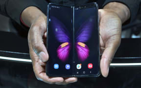 The Galaxy Fold 5G is displayed at the Samsung booth during CES 2020 at the Las Vegas Convention Center on January 8, 2020 in Las Vegas, Nevada.