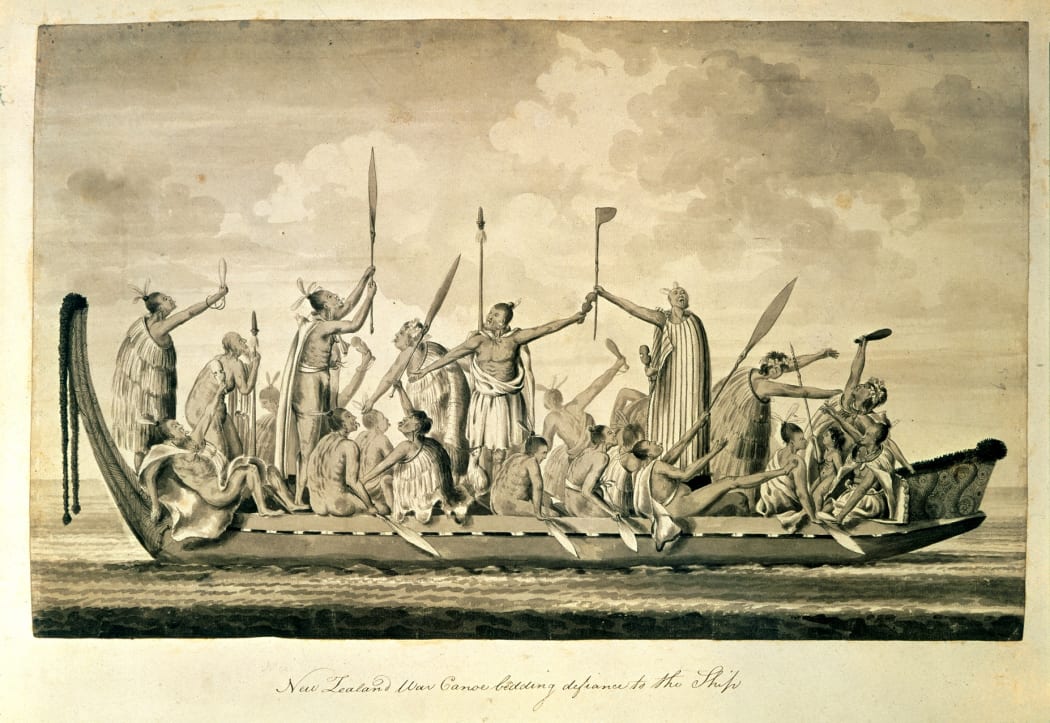 New Zealand War Canoe - from A Collection of Drawings made in the Countries visited by Captain Cook in his First Voyage.