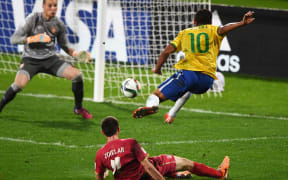 Brazil's Gabriel Jesus has a shot on goal.