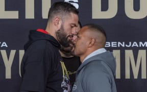 Joseph Parker squares off with opponent Faiga 'Django' Opelu ahead of their bout in Melbourne.