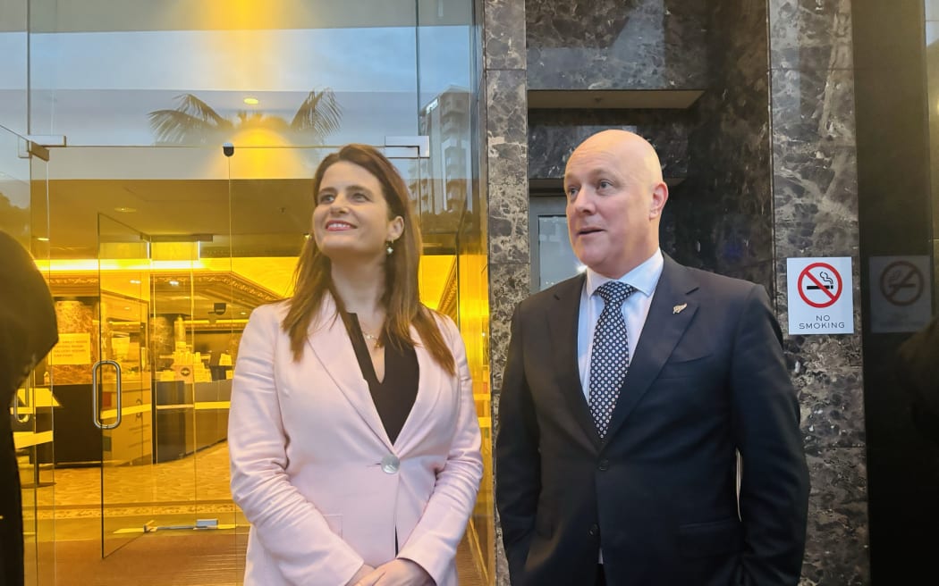 Nicola Willis and Christopher Luxon outside the Cordis hotel in Auckland on 16 November 2023, as coalition talks are ongoing.