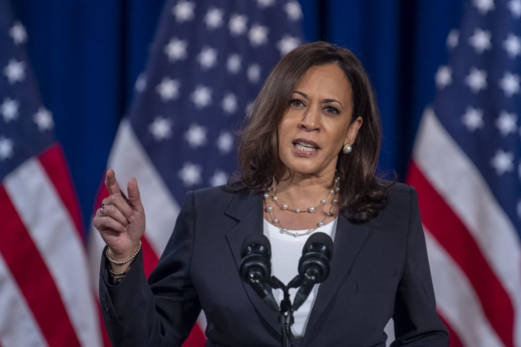 US Democratic vice presidential nominee and Senator from California, Kamala Harris, speaks on the administration of US President Donald Trump failures to contain Covid-19, in Washington, DC.
