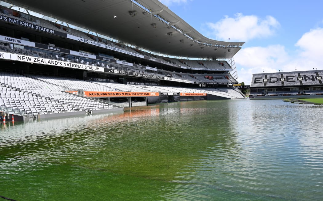 Flooded grounds after the rain storm at Eden Park, Auckland, New Zealand on Wednesday 1 February 2023. Mandatory credit: Andrew Cornaga / www.photosport.nz