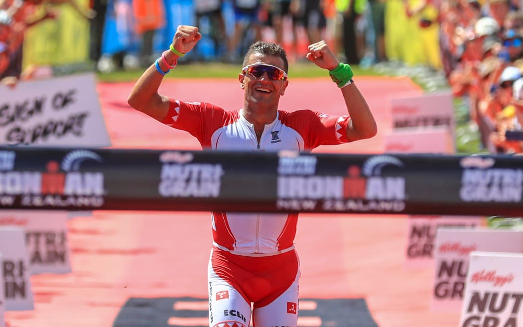 Terenzo Bozzone wins, Ironman New Zealand, in Taupo in March.
