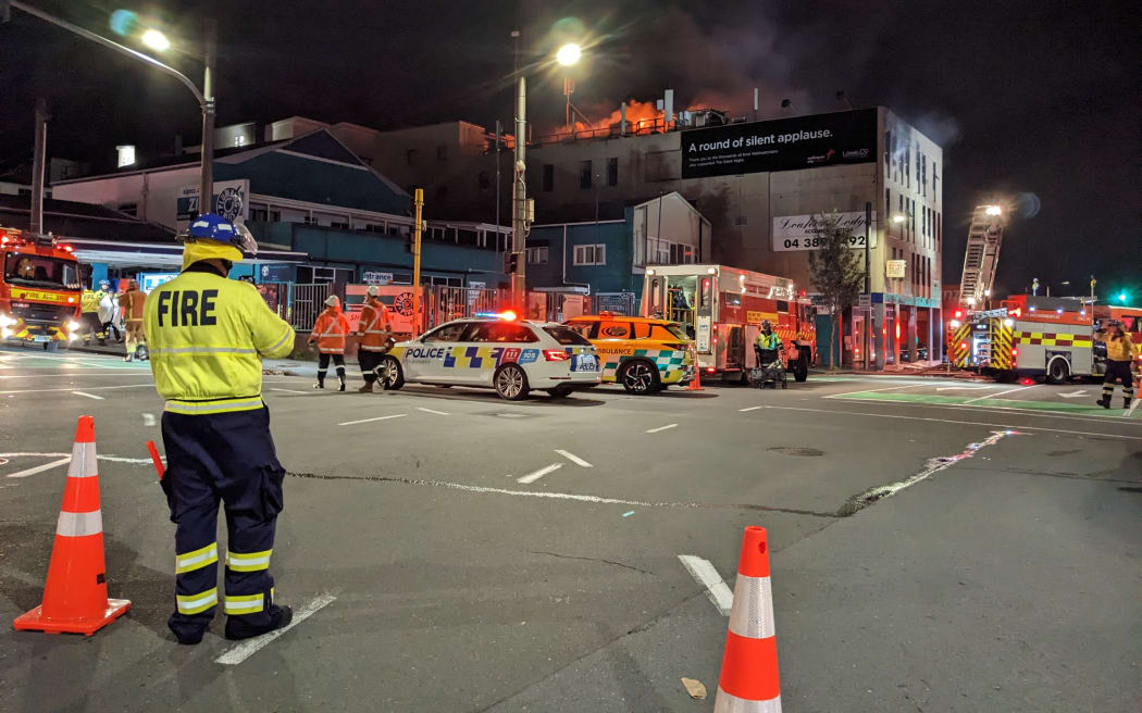 Firefighters at the scene of the blaze at Loafers Lodge, Adelaide Road, Wellington.