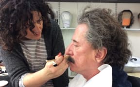 Queenstown-based hair, makeup and prosthetic expert Davina Lamont working with actor Geoffrey Rush.