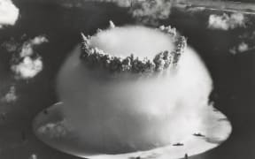 A nuclear explosion from an atomic bomb test, mushroom cloud.