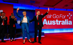 Australian Labor Party eader Bill Shorten (R) and Deputy Labor leader Tanya Plibersek (L) wave during the election launch  in Brisbane on May 5.