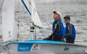 Jo Aleh and Polly Powrie sail to gold in the 470 at the Olympic Test event in Rio, 2014.