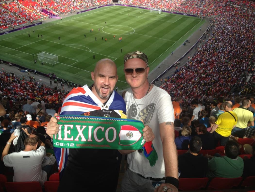 Richard Wain (L) and friend at Wembley backing the Mexicans against Brazil