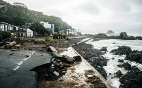 Storm damage along the Esplanade, Owhiro Bay, Wellington, 2013.