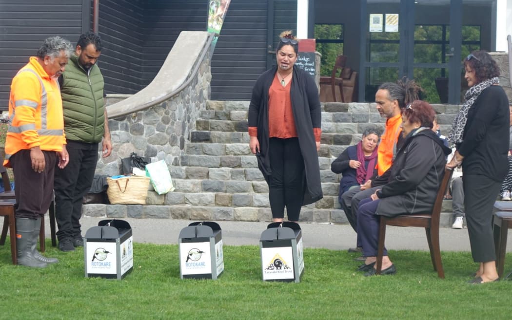 three kiwi are blessed at Pukeiti before being released on the Kaitake range