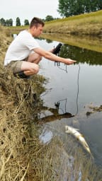 Fish & Game Otago field officer Jack Harland measures oxygen levels in lower Silverstream. At the time of measuring the oxygen levels were half of what they should be and still near toxic levels for fish.