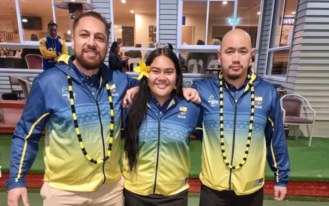 Niue weightlifter Giovanni Toimata far left with co-coaches Ramsi Edwards centre and Clarence Tong - off to Commonwealth Games July 2022