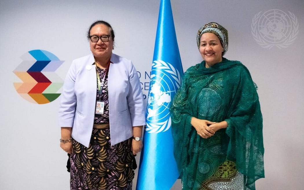 Deputy Secretary-General Amina Mohammed (right) meets with Fekitamoeloa Katoa 'Utoikamanu,  Minister for Foreign Affairs and Minister for Tourism of the Kingdom of Tonga. The Deputy Secretary-General is in Doha, Qatar, to attend the closing of the 5th United Nations Conference on the Least Developed Countries (LDC5).
