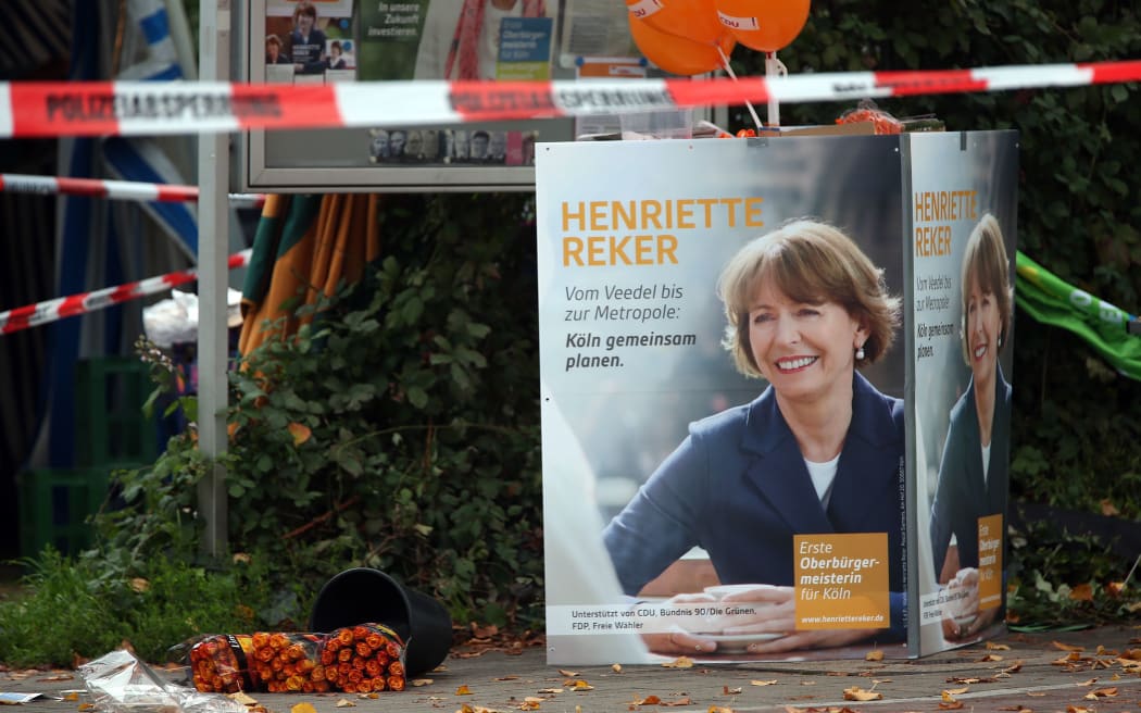 An election poster of Henriette Reker, candidate for mayoral election in Cologne, at the site where she was attacked on October 17, 2015.