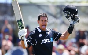 Ross Taylor celebrates his 20th ODI century for the Black Caps.