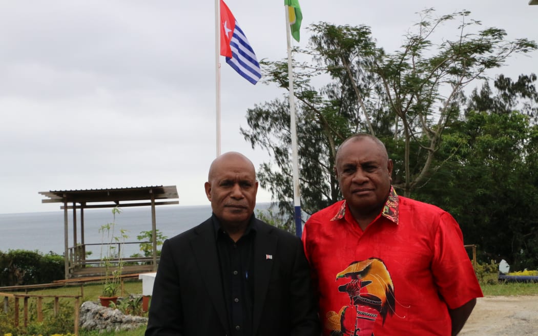 Benny Wenda, left, with the ULMWP interim prime minister Rev Edison Waromi at the 22 Melanesian Spearhead Group Leaders' Summit in Port Vila. 22 August 2023