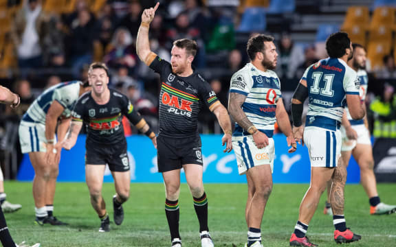 Panthers James Maloney celebrates after kicking the winning drop goal in Golden Point time, to win 19-18, during the NRL rugby league match between the Warriors and the Panthers, held at Mt Smart Stadium, Auckland.   30 June 2019. Copyright photo: Brett Phibbs / www.photosport.nzz