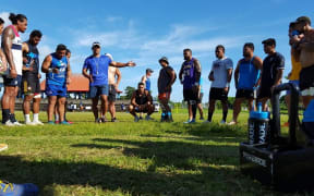 Manu Samoa coach Namulauulu Alama Ieremia addresses players at training.