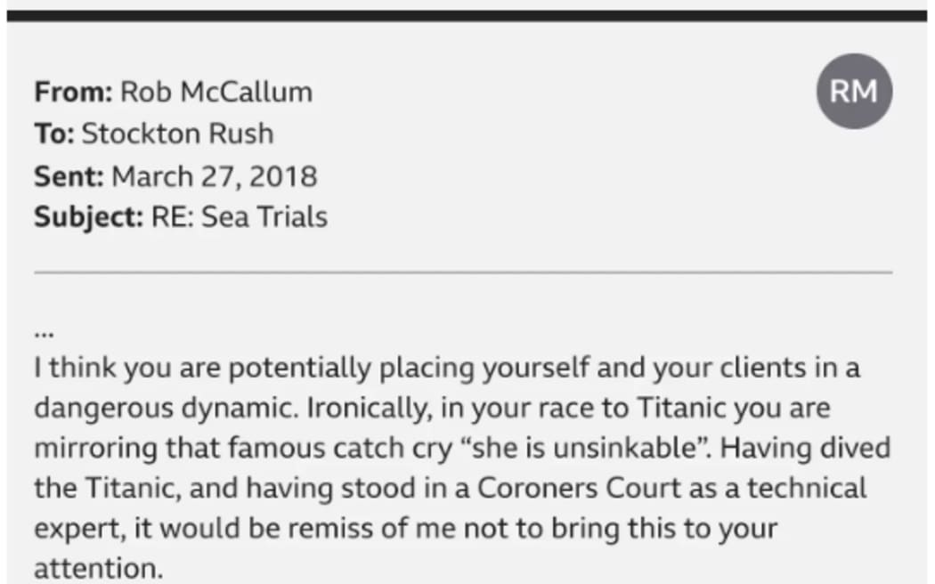W e-mailach wysłanych do BBC wybitny specjalista od eksploracji głębinowych, Rob McCallum, zwrócił się do Stockton Rush z poważnymi obawami dotyczącymi bezpieczeństwa.