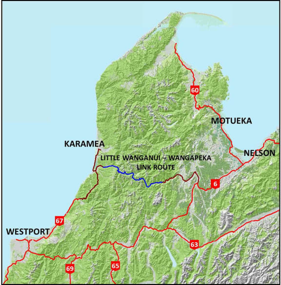 A map showing the proposed new road through Kahurangi National Park