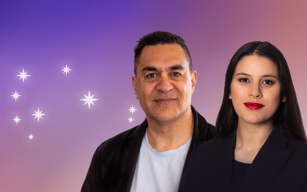 Portrait of Māni Dunlop and Julian Wilcox with a stylised Matariki constellation
