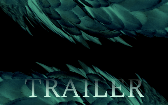 Ghostly sickly green feathers are reminiscent of churning water, the word "Trailer" is imposed over the image.