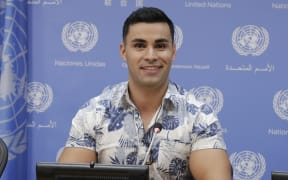 Pita Taufatofua, Olympic athlete from Tonga, at the UN Headquarters in New York City.