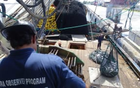 A Marshall Islands Marine Resources Authority fisheries observer monitors tuna being off-loaded from a purse seiner in port Majuro, now said to be the busiest tuna transshipment port in the world
