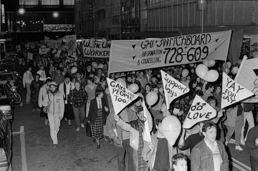 People march in Wellington in support of gay rights and homosexual law reform on 25 May 1985.