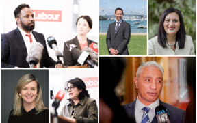 Incoming Labour MPs Ibrahim Omar (top left), Camilla Belich and Ayesha Verrall (bottom left). Outgoing National MPs Dan Bidois, Parmjeet Parmar (top right) and Alfred Ngaro (bottom right).