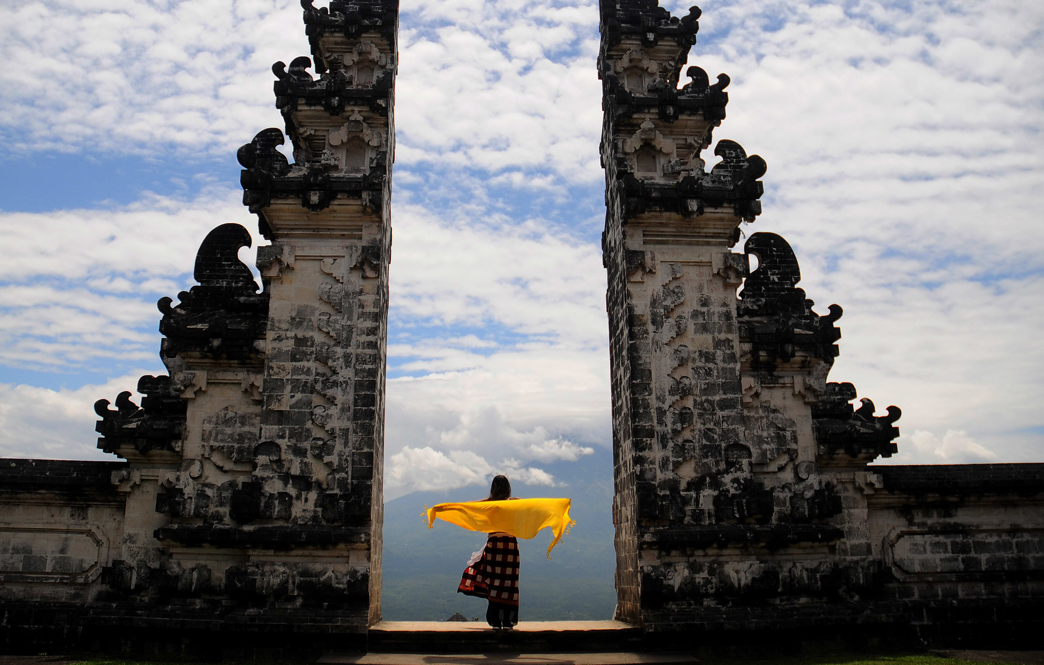 Pura Madya Lempuyang, Karangasem, Bali, with Mount Agung in the background.