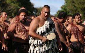 A group performs a haka for King Tuheitia at Turangawaewae Marae.