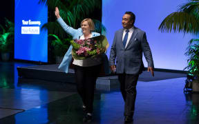 National Party Leader Judith Collins and husband David Wong-Tung wave to supporters during the Virtual National Party 2020 Campaign Launch at Avalon Studios on September 20, 2020 in Wellington, New Zealand.