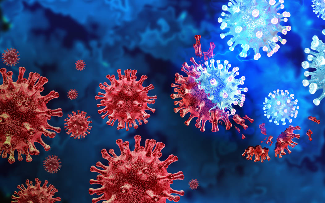 Virus variables et variantes de mutations cellulaires en tant que concept de risques pour la santé et d'épidémies de nouveau coronavirus ou de mutations de cellules virales covid-19 et de contexte grippal en tant que rendu 3D.