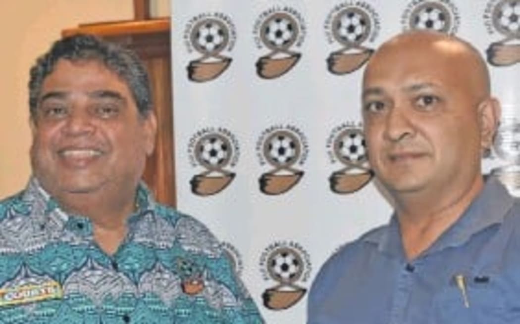Aiyaz Musa, left, with Fiji Football Association president Rajesh Patel. Picture from December 2019.