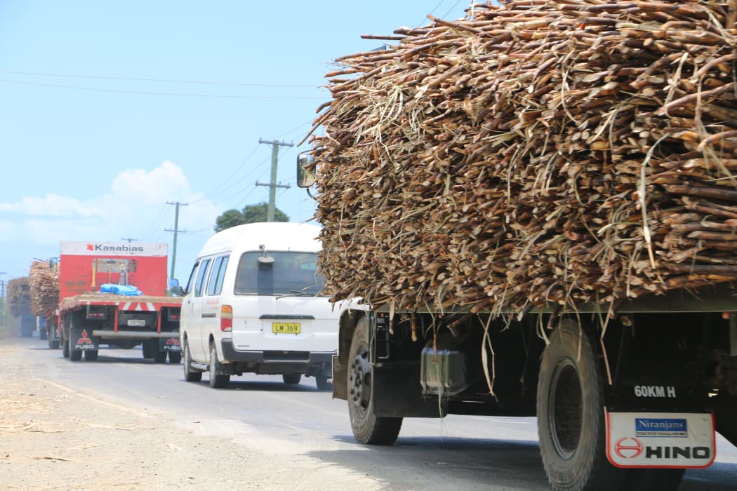 Trucks transport sugarcane for crushing in Lautoka in Fiji's west.