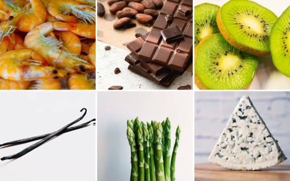 A collage of six different foods that make unusual flavour pairings: prawns and vanilla bean, milk chocolate and asaparagus, and gorgonzola and kiwifruit.
