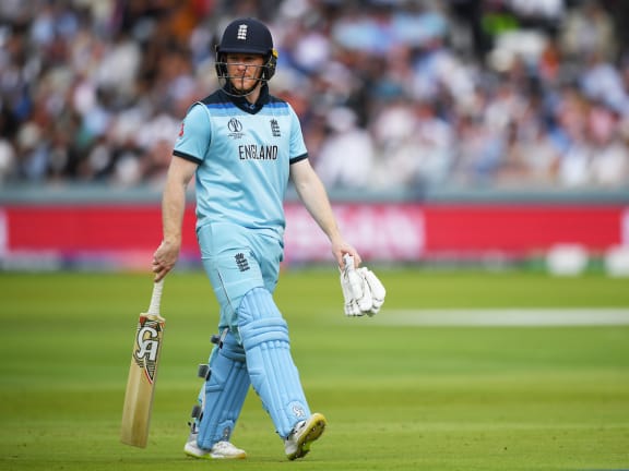 Eoin Morgan heads back to the dressing room at the Cricket World Cup final.