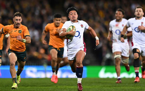 Marcus Smith of England scores a try during the third Test against Australia, 2022.